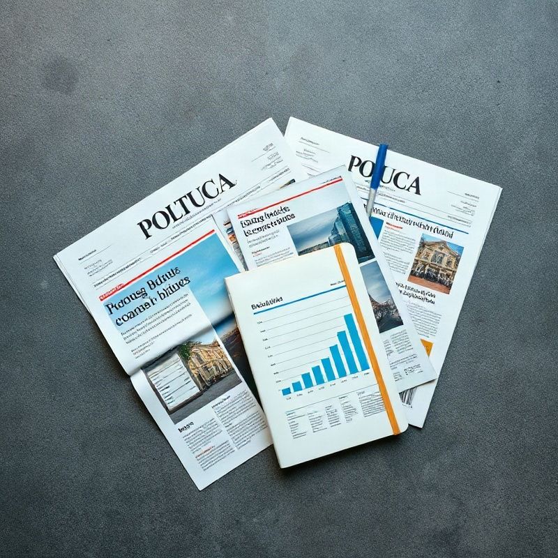 Vista superior de jornais portugueses, impressões de dados económicos e um caderno numa superfície cinzento-ardósia