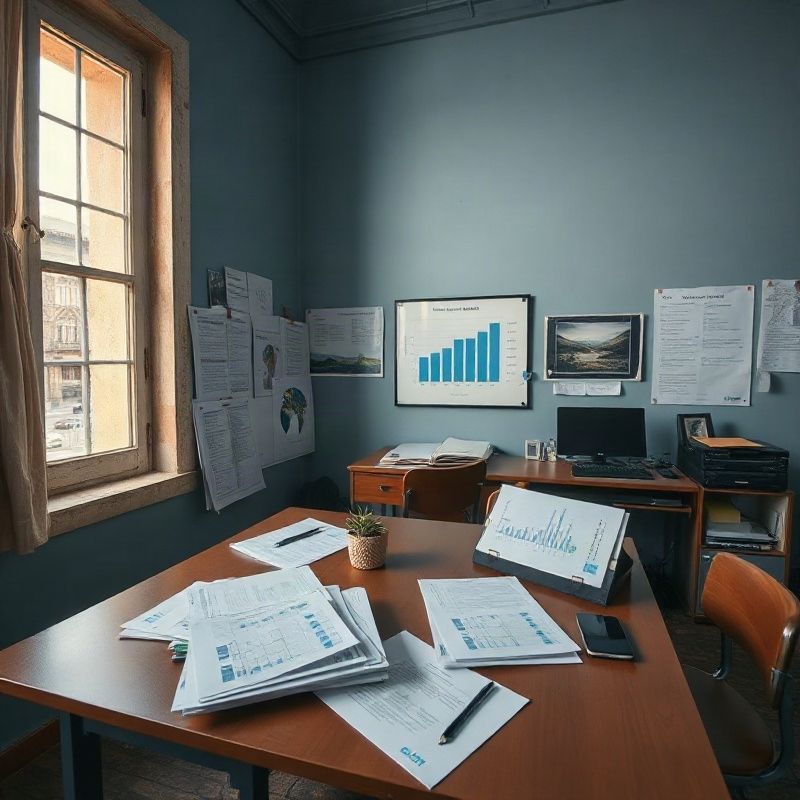 Redação da Datanodex em Coimbra com gráficos de dados e relatórios do INE